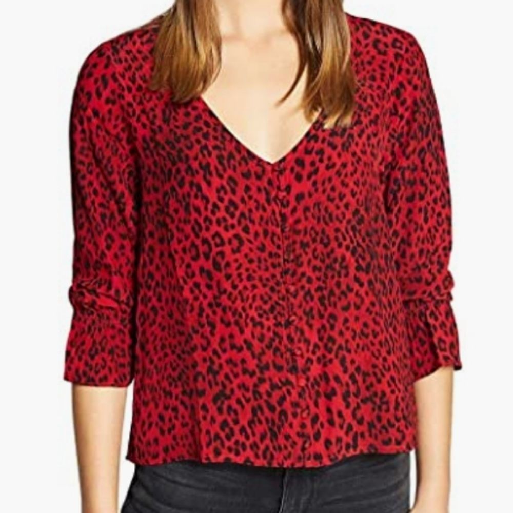 Sanctuary Womens Farrah Printed Hi-Low Button-Down Top Red L